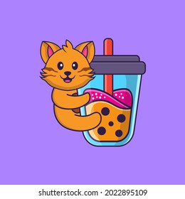 Cute cat Drinking Boba milk tea. Animal cartoon concept isolated. Can used for t-shirt, greeting card, invitation card or mascot.