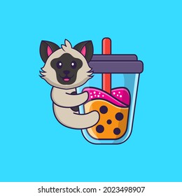 Cute cat Drinking Boba milk tea. Animal cartoon concept isolated. Can used for t-shirt, greeting card, invitation card or mascot.