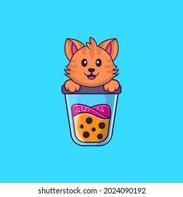 Cute cat Drinking Boba milk tea. Animal cartoon concept isolated. Can used for t-shirt, greeting card, invitation card or mascot.