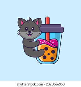 Cute cat Drinking Boba milk tea. Animal cartoon concept isolated. Can used for t-shirt, greeting card, invitation card or mascot.