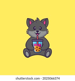 Cute cat Drinking Boba milk tea. Animal cartoon concept isolated. Can used for t-shirt, greeting card, invitation card or mascot.