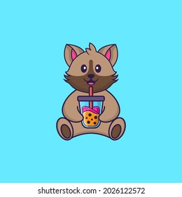 Cute cat Drinking Boba milk tea. Animal cartoon concept isolated. Can used for t-shirt, greeting card, invitation card or mascot.