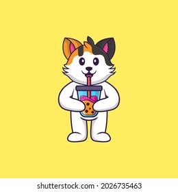 Cute cat Drinking Boba milk tea. Animal cartoon concept isolated. Can used for t-shirt, greeting card, invitation card or mascot.