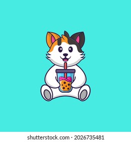 Cute cat Drinking Boba milk tea. Animal cartoon concept isolated. Can used for t-shirt, greeting card, invitation card or mascot.