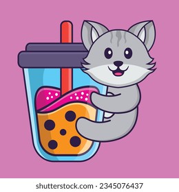 Cute cat Drinking Boba milk tea. Animal cartoon concept isolated. Can used for t-shirt, greeting card, invitation card or mascot.