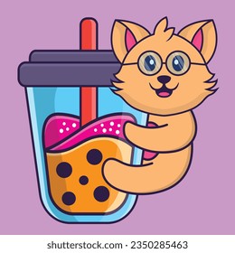 Cute cat Drinking Boba milk tea