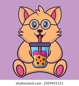 Cute cat Drinking Boba milk tea