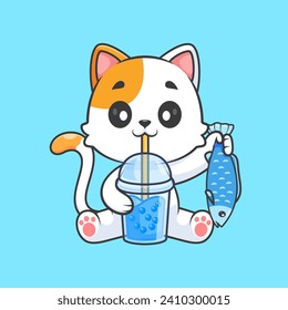 Cute Cat Drinking Boba Milk Tea With Fish Cartoon Vector Icon
Illustration. Animal Drink Icon Concept Isolated Premium
Vector. Flat Cartoon Style