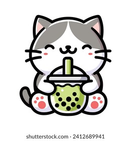 cute cat drinking boba tea cartoon character illustration