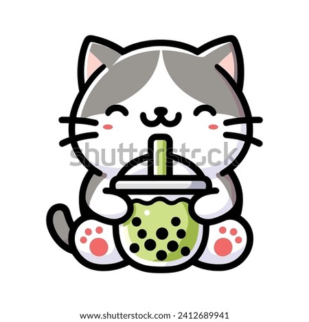 cute cat drinking boba tea cartoon character illustration
