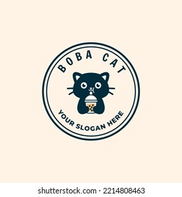 Cute cat drinking bubble tea or boba mascot logo