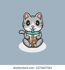 Cute cat drinking bubble tea cartoon icon illustration