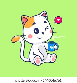 Ilustración del icono del vector del dibujo animado del café del gato lindo. Icono de bebida animal concepto aislado Vector Premium. Estilo plano de dibujos animados