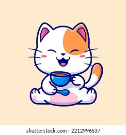 Cute Cat Drinking Coffee In Cup Cartoon Vector Icon Illustration. Animal Drink Icon Concept Isolated Premium Vector. Flat Cartoon Style