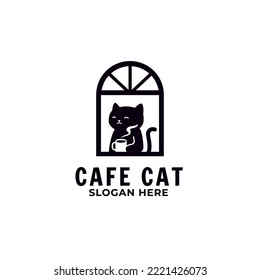 Un gato lindo tomando el logo de la mascota de café. Logo del café.