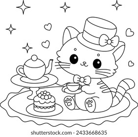 The cute cat is drinking tea coloring page