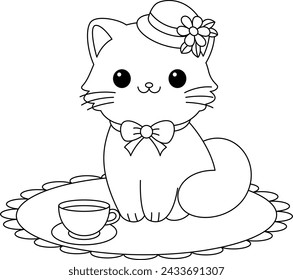 The cute cat is drinking tea coloring page