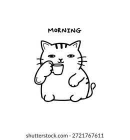 Lindo Gato Bebe un Café Sketch Línea Estilo de Dibujo. Ilustración lineal simple minimalista de lindo gato. Domestic Pet Simple arte lineal dibujado a mano para el diseño del desayuno de la mañana. No es IA