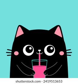 Cute cat drinks juice out of a glass cup. Black kitten head face. Pink ears, cheeks. Kawaii cartoon funny baby character. Valentines day. Flat design. Blue background. Isolated. Vector illustration