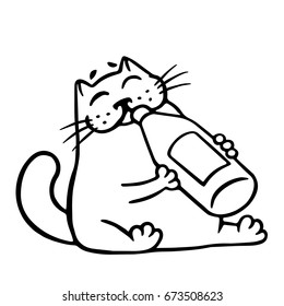 Cute cat drinks lemonade. Funny cartoon cool character. Contour freehand digital drawing. White color background. Cheerful pet for web. Isolated vector illustration.