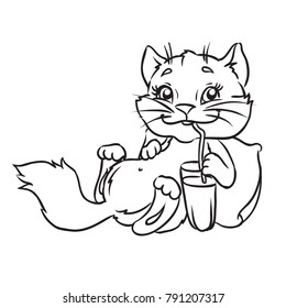 Cute cat drinks milk. Outlined for coloring book isolated on a white background.
