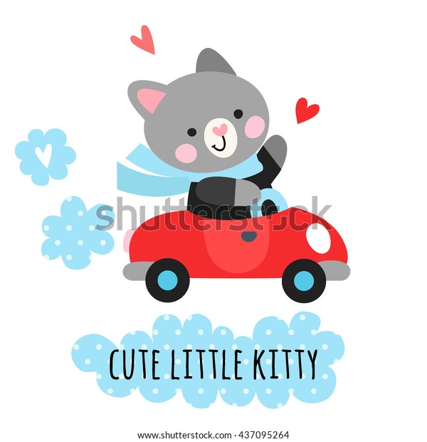 Cute cat driver on car. Children's illustration with
a cat.