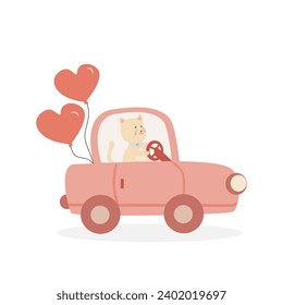 A cute cat drives a car full of heart-shaped balls.