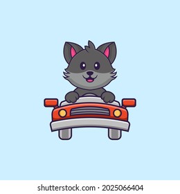 Cute cat is driving. Animal cartoon concept isolated. Can used for t-shirt, greeting card, invitation card or mascot.