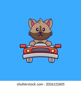 Cute cat is driving. Animal cartoon concept isolated. Can used for t-shirt, greeting card, invitation card or mascot.