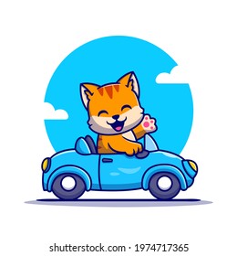 Cute Cat Driving Car Cartoon Vector Icon Illustration. Animal Transportation Icon Concept Isolated Premium Vector. Flat Cartoon Style