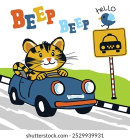 cute cat is driving car on the road, vector illustration