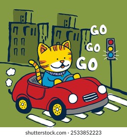 cute cat driving a car on the city, vector illustration