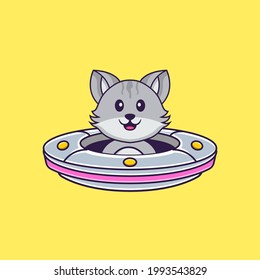 Cute cat Driving Spaceship Ufo. Animal cartoon concept isolated. Can used for t-shirt, greeting card, invitation card or mascot.