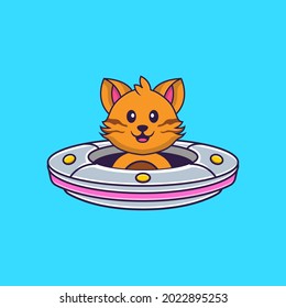 Cute cat Driving Spaceship Ufo. Animal cartoon concept isolated. Can used for t-shirt, greeting card, invitation card or mascot.