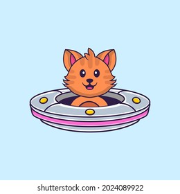 Cute cat Driving Spaceship Ufo. Animal cartoon concept isolated. Can used for t-shirt, greeting card, invitation card or mascot.