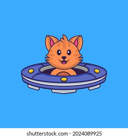 Cute cat Driving Spaceship Ufo. Animal cartoon concept isolated. Can used for t-shirt, greeting card, invitation card or mascot.