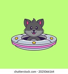 Cute cat Driving Spaceship Ufo. Animal cartoon concept isolated. Can used for t-shirt, greeting card, invitation card or mascot.
