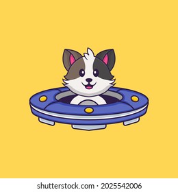 Cute cat Driving Spaceship Ufo. Animal cartoon concept isolated. Can used for t-shirt, greeting card, invitation card or mascot.