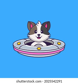 Cute cat Driving Spaceship Ufo. Animal cartoon concept isolated. Can used for t-shirt, greeting card, invitation card or mascot.