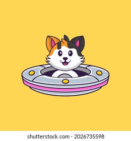 Cute cat Driving Spaceship Ufo. Animal cartoon concept isolated. Can used for t-shirt, greeting card, invitation card or mascot.