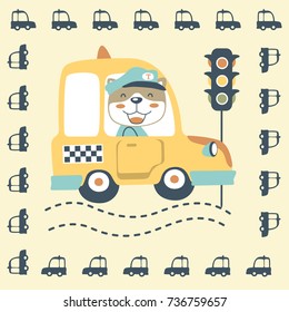 cute cat driving taxi in silhouette vehicles frame border, vector cartoon