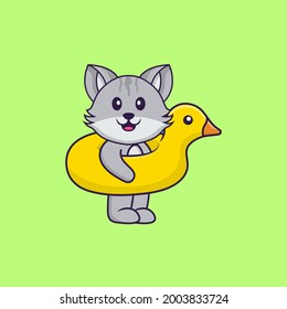 Cute cat With Duck buoy. Animal cartoon concept isolated. Can used for t-shirt, greeting card, invitation card or mascot.