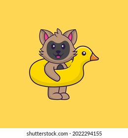 Cute cat With Duck buoy. Animal cartoon concept isolated. Can used for t-shirt, greeting card, invitation card or mascot.