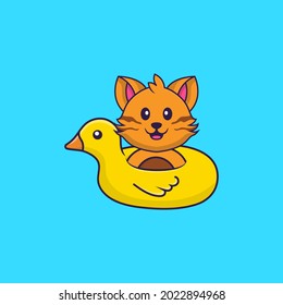 Cute cat With Duck buoy. Animal cartoon concept isolated. Can used for t-shirt, greeting card, invitation card or mascot.