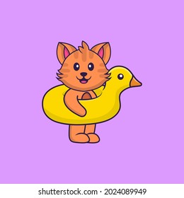 Cute cat With Duck buoy. Animal cartoon concept isolated. Can used for t-shirt, greeting card, invitation card or mascot.