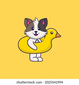 Cute cat With Duck buoy. Animal cartoon concept isolated. Can used for t-shirt, greeting card, invitation card or mascot.