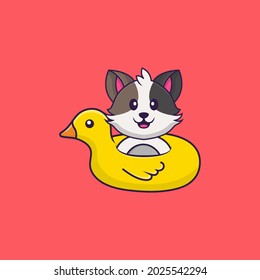 Cute cat With Duck buoy. Animal cartoon concept isolated. Can used for t-shirt, greeting card, invitation card or mascot.