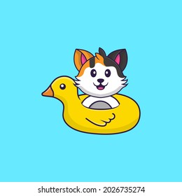 Cute cat With Duck buoy. Animal cartoon concept isolated. Can used for t-shirt, greeting card, invitation card or mascot.