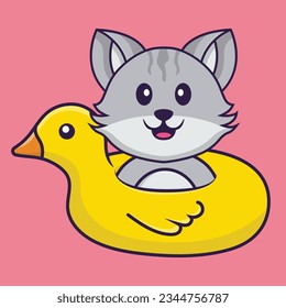 Cute cat With Duck buoy. Animal cartoon concept isolated. Can used for t-shirt, greeting card, invitation card or mascot