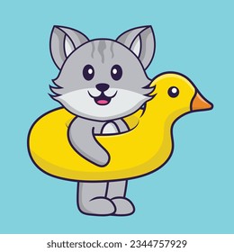 Cute cat With Duck buoy. Animal cartoon concept isolated. Can used for t-shirt, greeting card, invitation card or mascot
